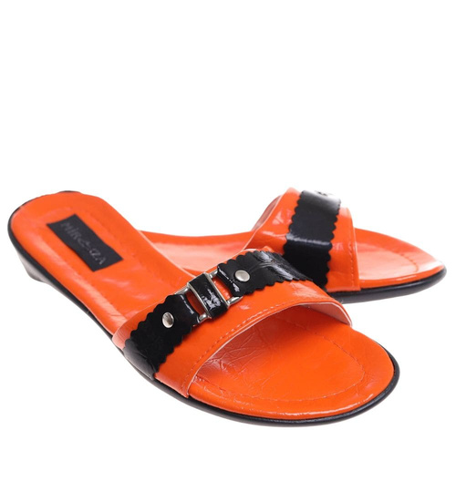 Pomarańczowo czarne klapki na płaskim obcasie /H2 14342 T005/