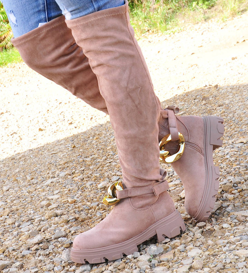 Wysokie zamszowe kozaki z łańcuchem Khaki /A5-1 12724 T707/