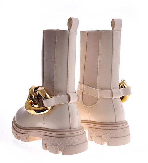 Beżowe botki sztyblety z łańcuchem /A3-3 12254 S798/