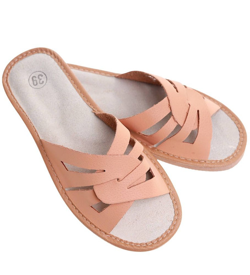 Beżowe klapki damskie z naturalnej skóry /E6-1 8453 S193/