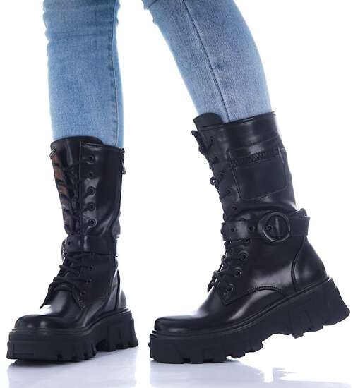 Wiązane glany trapery na platformie Czarne /B3-1 17018 T312/