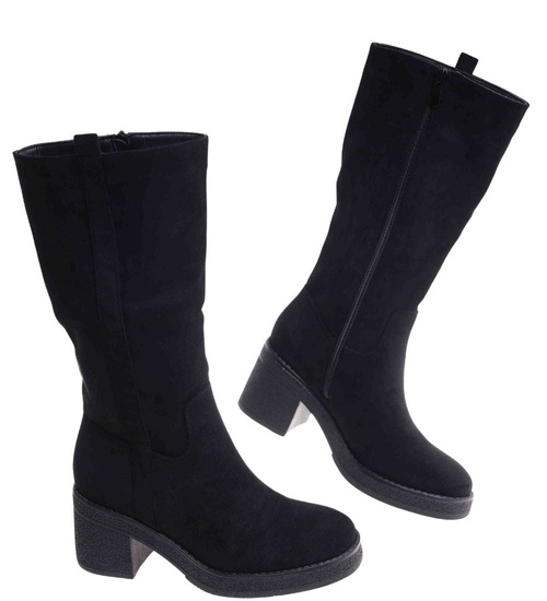 Czarne ocieplane kozaki damskie na obcasie i platformie /B5-1 18434 T6/