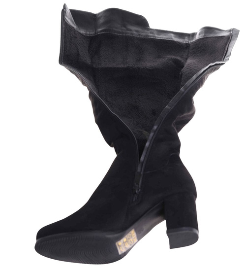 Czarne ocieplane kozaki muszkieterki na obcasie /B3-2 18435 T6/