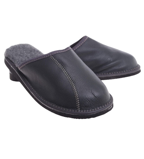 Skórzane kapcie męskie z wełną Szare /D8-1 18467 S197/