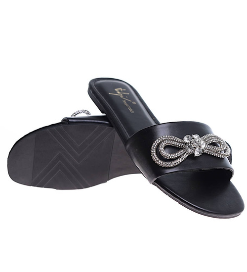 Czarne płaskie klapki damskie z kokardą /B6-2 16165 T139/