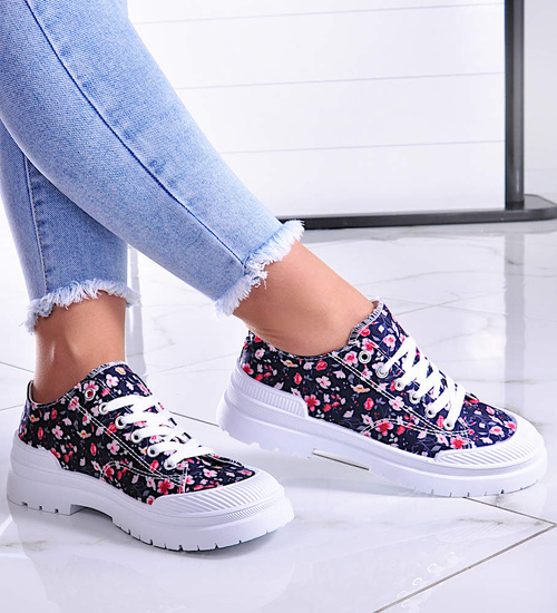 Wiązane trampki w kwiaty Navy /A7-3 11049 T498/