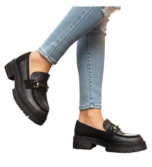 Czarne półbuty loafersy damskie na platformie /L2-1 18620 W142/