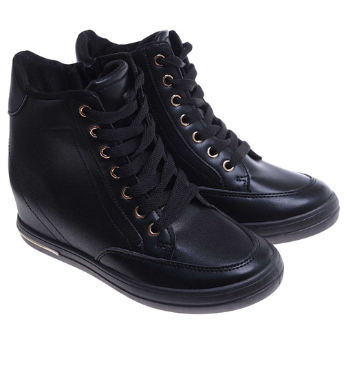 Czarne klasyczne sneakersy damskie na koturnie /F8-3 12818 T492/