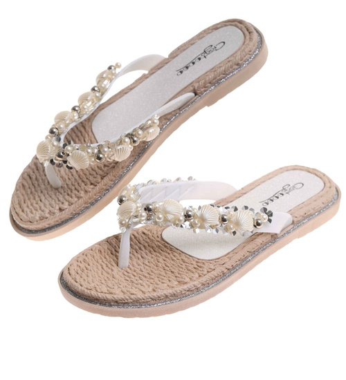 Białe plażowe damskie klapki japonki z muszelkami /C7-2 17877 T088/