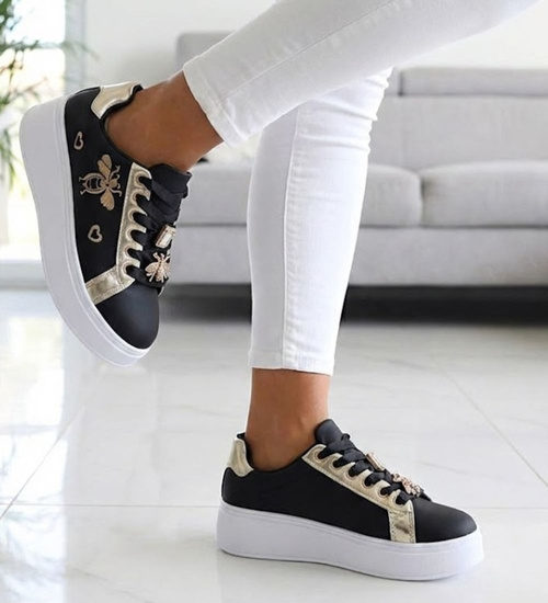 Czarne sznurowane damskie trampki na platformie /B2-2 16910 T537/