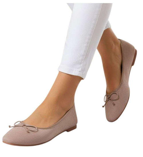 Zamszowe baleriny damskie z kokardą Ciemno beżowe /A9-2 17546 G133/