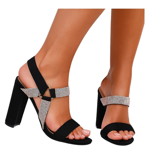 Czarne damskie sandały na słupku z cyrkoniami /B2-1 16084 G18-45/