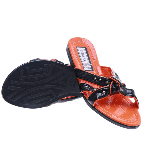 Pomarańczowo czarne klapki na płaskim obcasie /H2 14347 T005/