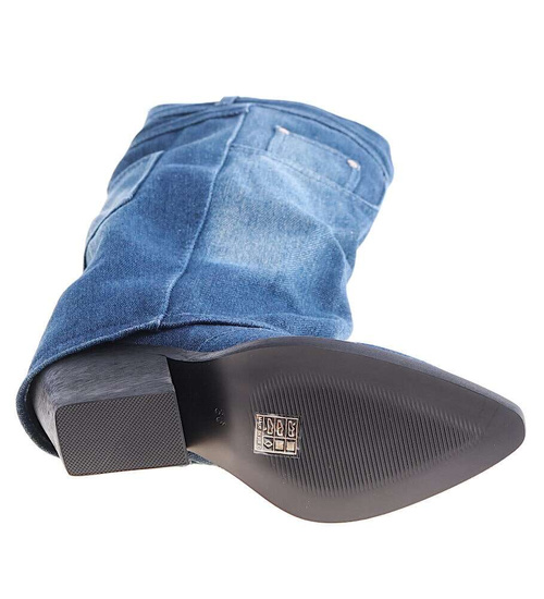 Jeansowe damskie kozaki na słupku /B5-2 14958 T108/