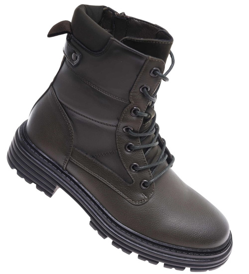 Sznurowane ocieplane botki trapery Zielone /E8-3 18254 W430/