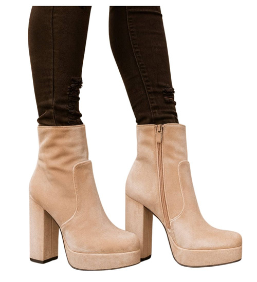 Welurowe beżowe botki damskie na platformie /i4-2 H2 18390 G284/