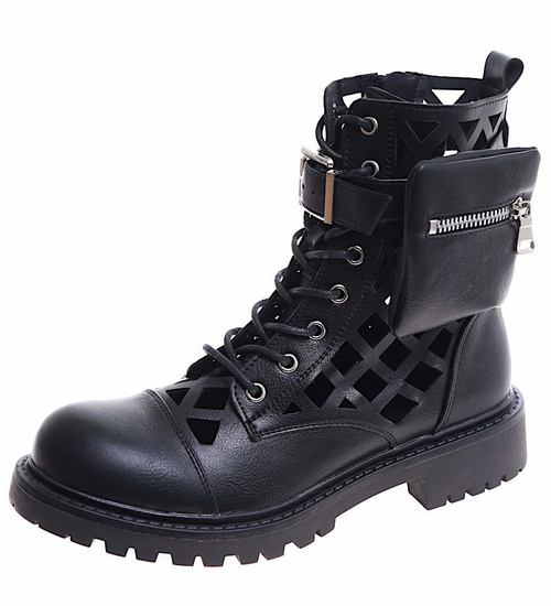 Czarne ażurowe botki trapery /B2-1 16714 G381/