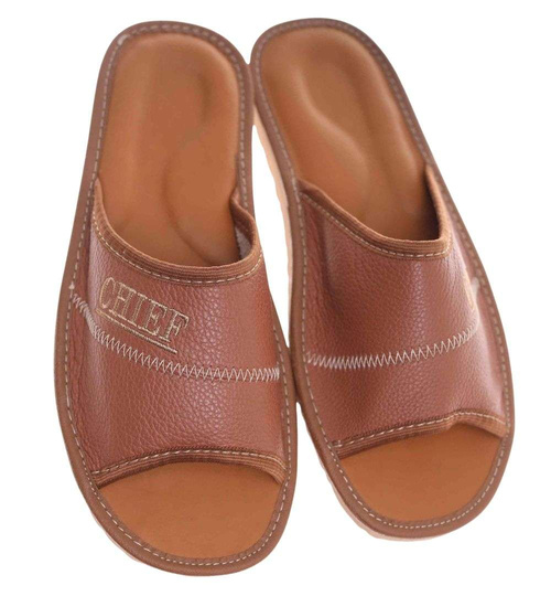 Skórzane otwarte klapki domowe Chief brązowe /G8-1 18685 S199/