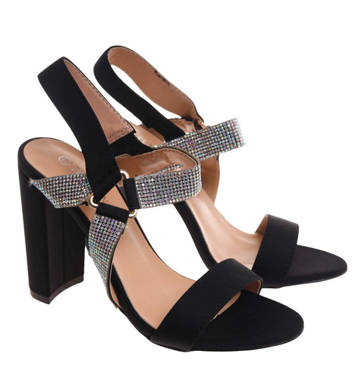 Czarne damskie sandały na słupku z cyrkoniami /B2-1 16084 G18-45/