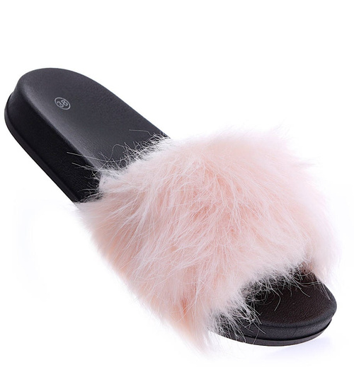 Różowo czarne klapki damskie z futerkiem /F9-2 15193 T199/