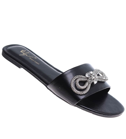 Czarne płaskie klapki damskie z kokardą /B6-2 16165 T139/