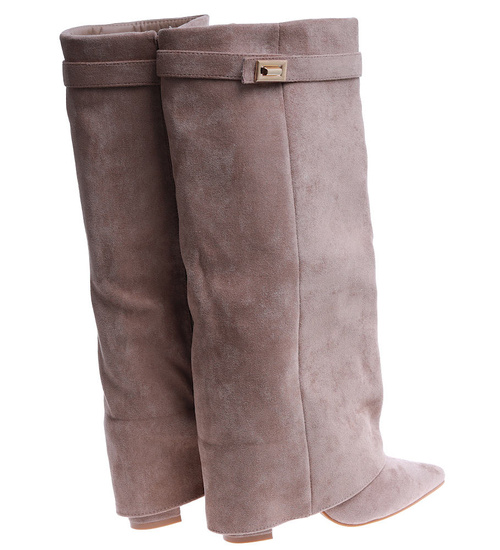 Beżowe kozaki damskie na obcasie /G7-1 14627 T108/