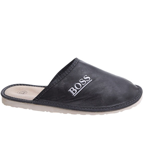Skórzane kapcie męskie na prezent Boss Szary /E3-1 7890 S197/