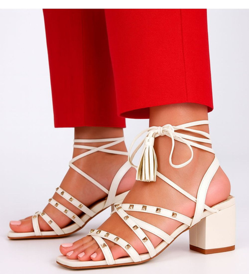 Beżowe sandały na grubym obcasie Lace up /G1-3 16178 G132/