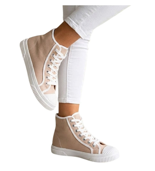 Wysokie sznurowane trampki damskie Khaki /G3-3 15689 T134/