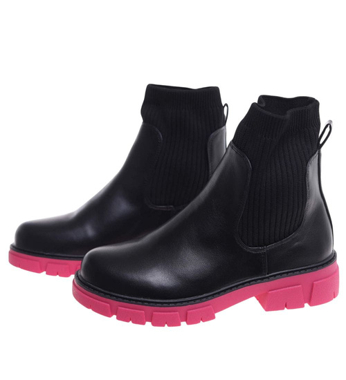 Czarno fuksjowe elastyczne dziewczęce botki ocieplane /B4-2 18340 T3/