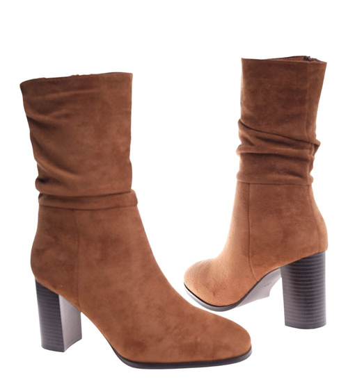 Karmelowe eleganckie botki na obcasie /C3-2 18411 W385/