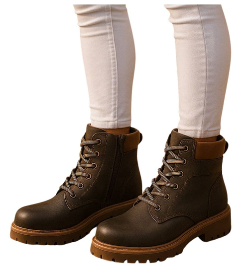 Sznurowane ocieplane botki trapery Zielone /F4-2 18276 W432/