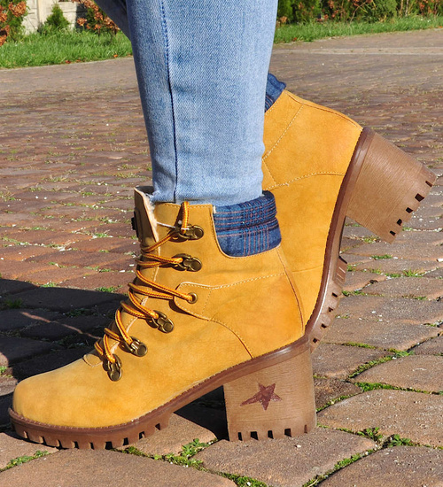 Ocieplane żółte damskie botki na klocku /C7-2 12932 S446/