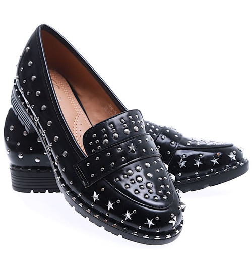 Czarne damskie półbuty mokasyny z ćwiekami /D2-1 15552 T150/