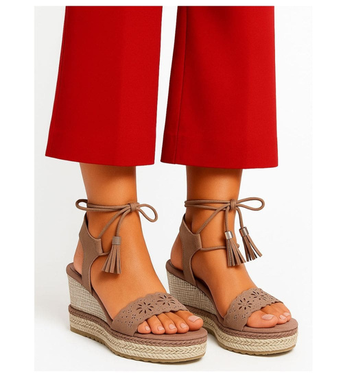 Sandały na koturnie i platformie Khaki /G2-3 14059 S290/