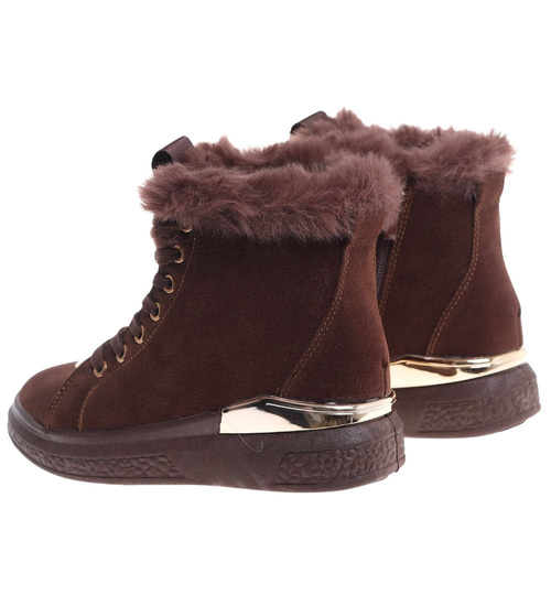 Czekoladowe zimowe trampki z kożuszkiem  /G11-3 18496 T7/