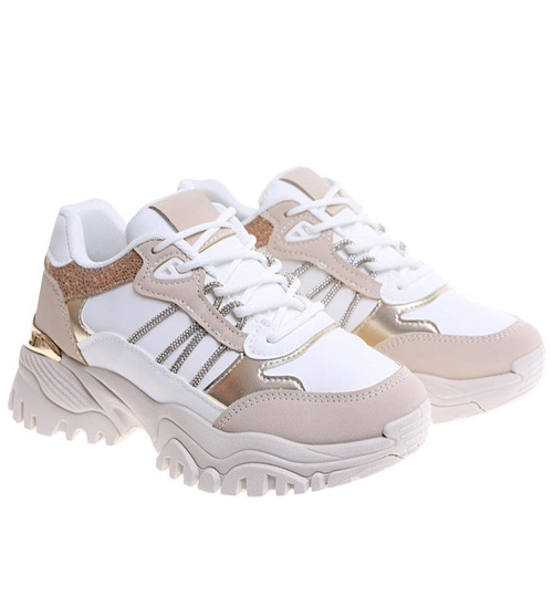 Sznurowane biało beżowe buty sportowe na platformie /G8-2 16805 T683/