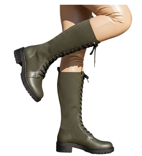 Wysokie oliwkowe damskie glany trapery /G1-1 18097 T334/