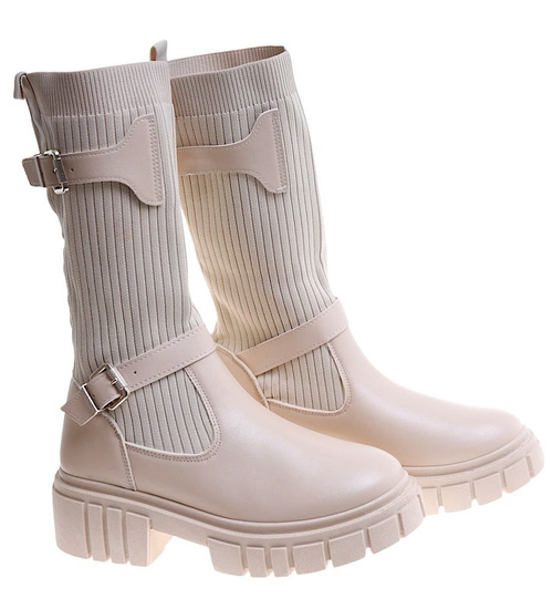 Niskie beżowe kozaki damskie na platformie z elastyczną cholewką /E1-1 16819 G388 +H2/