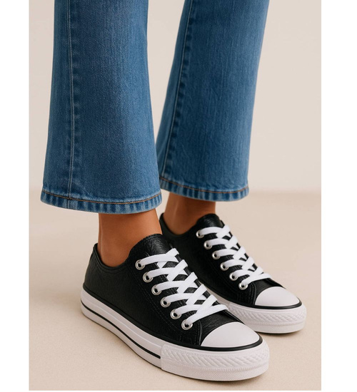 Czarne wiązane damskie trampki /D6-3 16403 G168/