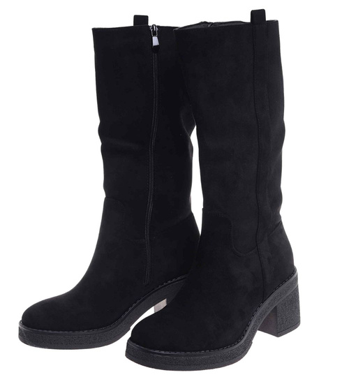 Czarne ocieplane kozaki damskie na obcasie i platformie /B5-1 18434 T6/