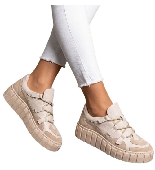 Beżowe skórzane damskie trampki creepersy /G2-2 11590 N0178/