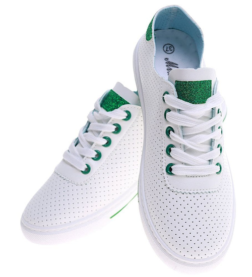 Ażurowe sznurowane biało zielone tenisówki damskie /E9-2 16242 G282/