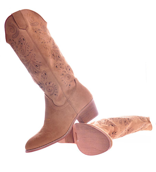 Camelowe zamszowe kozaki na słupku /E5-3 12511 T639/