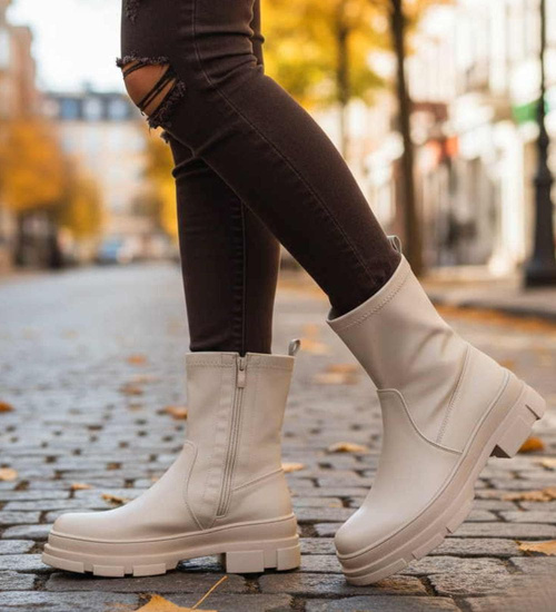 Beżowe zimowe botki workery na platformie /F9-2 18528 T288/