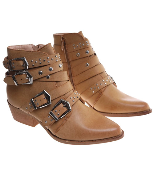 Karmelowe botki kowbojki z ćwiekami /E10-3 9349 S290/