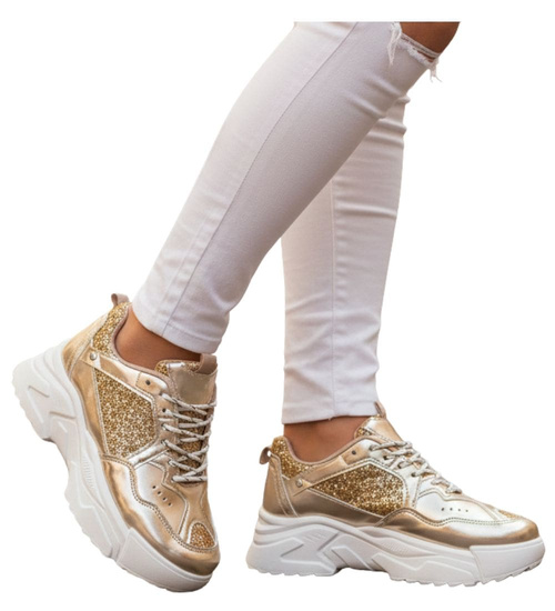 Złote buty sportowe na platformie /D8-2 17475 G391/