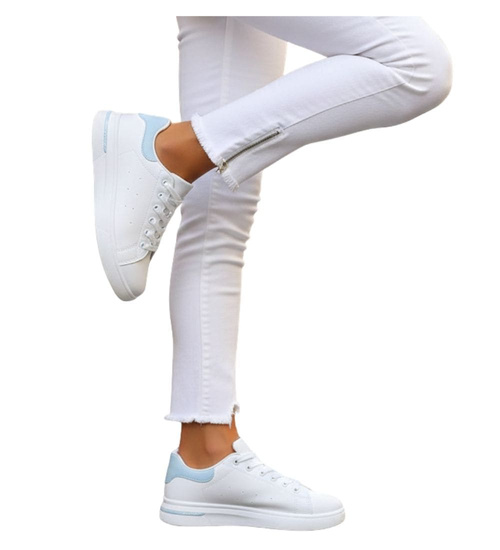 Białe damskie trampki z błękitnymi dodatkami /B2-3 16060 T198/