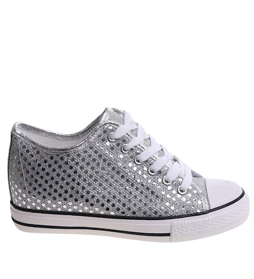 Wiązane srebrne trampki na koturnie /A10-2 16548 G8-61/