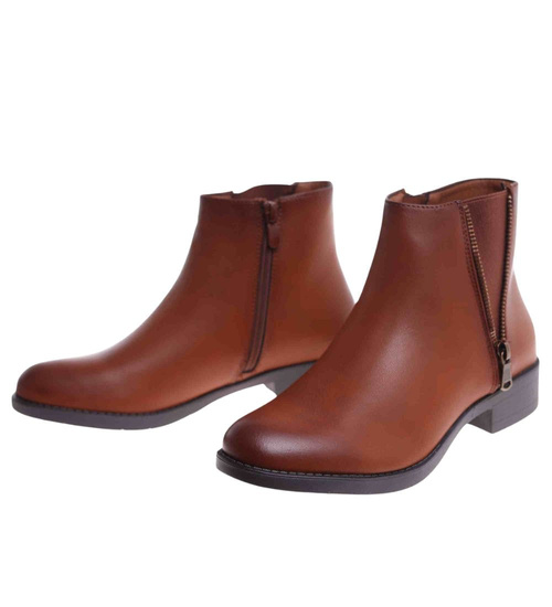 Karmelowe botki na płaskim obcasie /D8-2 18405 W345/